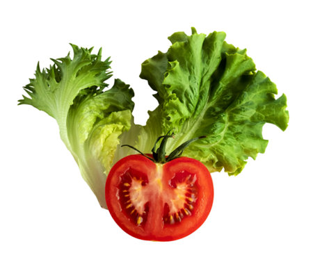 Green lettuce and round slice of ripe red tomato isolated on white background, close upの素材