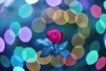 A single, vibrant pink rose stands out against a softly blurred background of colorful bokeh lights, creating a romantic and dreamy atmosphere.の素材