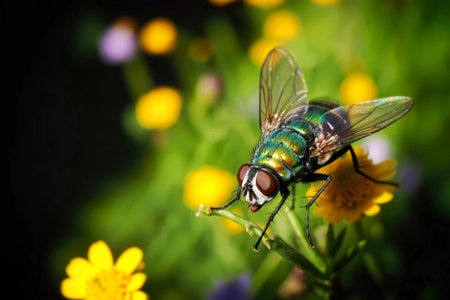 A close-up shot reveals a metallic green bottle fly perched on a bright yellow flower, its iridescent body gleaming in the sunlight. The background is softly blurred, showcasing a field of wildflowers.の素材