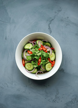 A refreshing bowl of thinly sliced cucumbers, red onion rings, and vibrant red chili slices, topped...