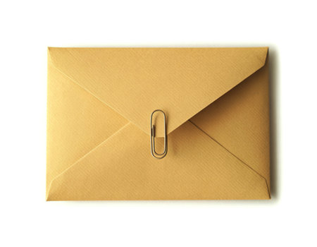 A close-up overhead view of a closed brown paper envelope. A silver paperclip fastens the flap,...