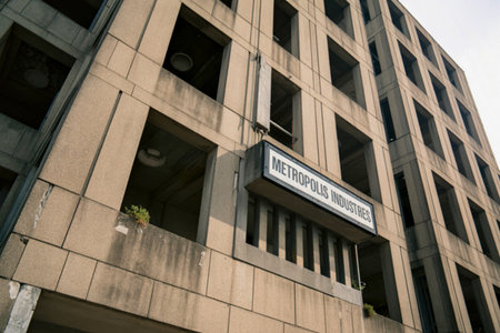 A stark Brutalist building showcases its repetitive geometric facade with numerous open, dark...