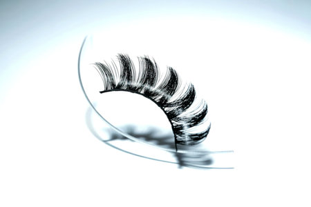 A single strip of voluminous, wispy false eyelashes rests on a clear, curved acrylic surface. The...