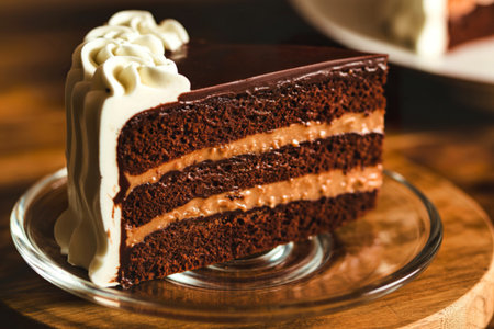 A rich slice of chocolate cake with multiple layers of creamy filling, topped with smooth chocolate...