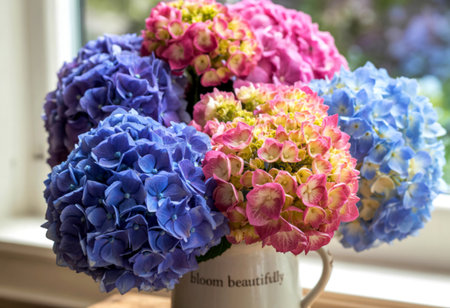 A close-up shot showcases a lush bouquet of hydrangeas in shades of blue, pink, and yellow, artfully...