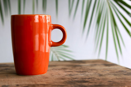 A glossy, tall orange mug sits on a weathered wooden surface. In the background, blurred green palm leaves create a soft, tropical ambiance.の素材