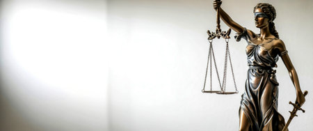 A close-up, horizontal shot of the bronze statue of Lady Justice, blindfolded and holding scales and a sword, set against a neutral, softly lit background.の素材