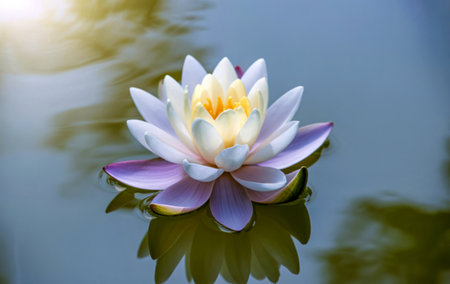 A beautiful white water lily with delicate pink-tinged petals and a vibrant yellow center floats...