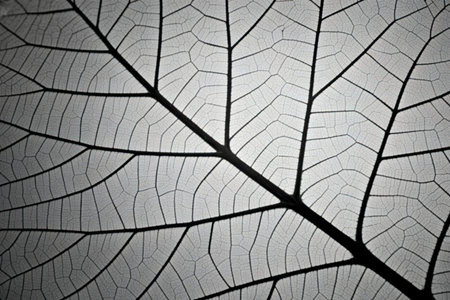A detailed, high-contrast black and white macro photograph showcases the delicate network of veins...