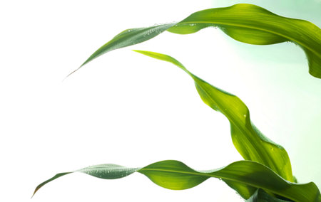 Close-up view of fresh, green corn leaves with glistening dew drops. The leaves are arranged in a...