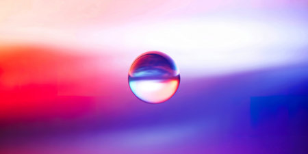 A single, clear crystal sphere floats centrally, reflecting a vibrant sky with hues of red, purple,...