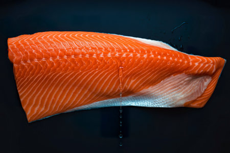 A close-up, overhead view of a vibrant orange salmon fillet with visible white lines of fat. Water...