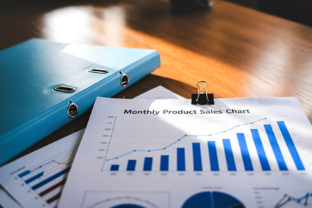 A close-up shot of a monthly product sales chart and other business documents on a wooden desk, with...