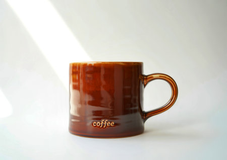 A single, glossy brown ceramic mug with a textured surface and a prominent handle sits against a plain white background. Sunlight casts diagonal shadows across the scene.の素材