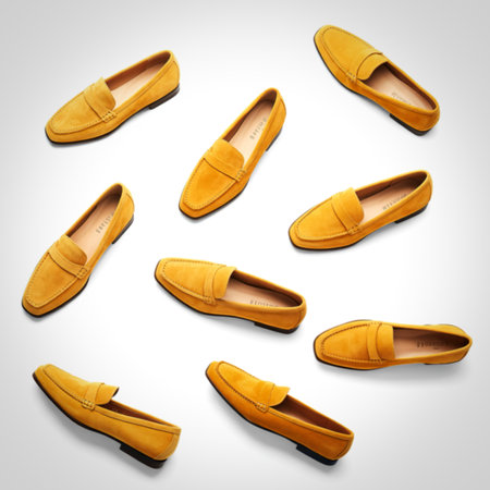 A collection of bright yellow suede loafer shoes are scattered across a clean white surface, showcasing their classic design and luxurious texture from various angles.の写真素材