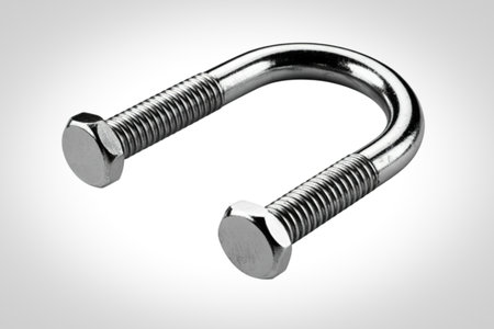 A close-up, isolated shot of a U-shaped bolt made of polished metal. It features threaded ends and hexagonal heads, highlighting its industrial design and material.の写真素材