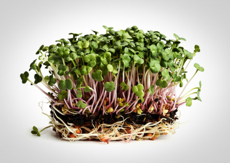 fresh radish sprouts, healthy microgreen for salad and drinks on a white backgroundの写真素材