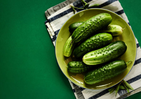 top view of cucumbers in plate on cloth and green background with copy spaceの写真素材