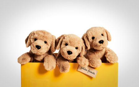 Three fluffy, light brown plush golden retriever puppies are nestled together, peeking over the edge...