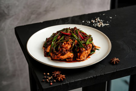 Spicy chicken stir fry with green onions and chiliの写真素材