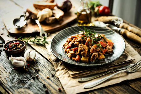 Daub Provencal meat stew on plate on wooden background
