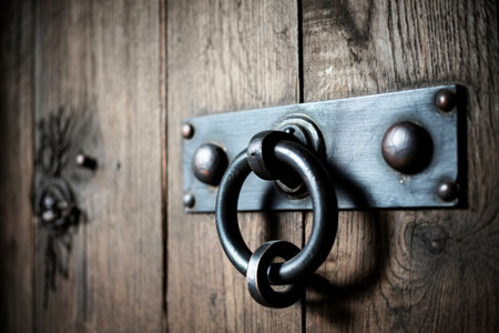 A close-up view of a weathered wooden door featuring a substantial iron ring door knocker mounted on...