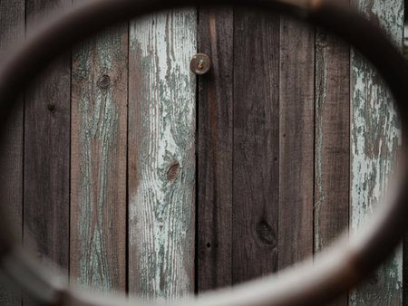 A close-up view of vertical wooden planks on an old fence, featuring weathered textures, peeling light blue paint, and a small, rusty metal knob.の写真素材