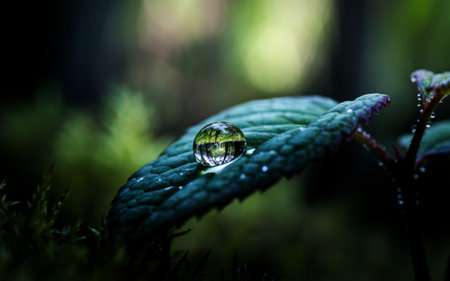 A perfectly spherical water droplet rests on a textured green leaf, reflecting a miniature forest scene. Tiny water beads dot the stem and leaf edges, set against a soft, blurred woodland background.の写真素材