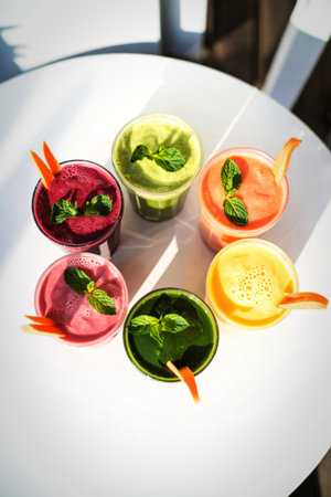 A top-down view of five glasses filled with vibrant, healthy juices and smoothies. Each drink is garnished with fresh mint leaves and a sliver of carrot.の写真素材