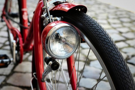 A detailed view of the front of a vintage red bicycle, focusing on the chrome headlight, spokes, tire tread, and cobblestone background.の写真素材