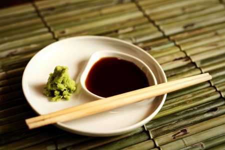 A white dipping dish holds a dollop of bright green wasabi and a pool of dark soy sauce, with wooden chopsticks resting across it on a textured bamboo mat.の写真素材