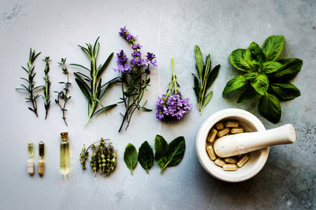 An overhead shot displays various herbs, essential oils, and herbal capsules, suggesting natural health and wellness remedies.の写真素材