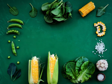 top view of corns and corn seeds with green peas salt lettuce spinach on green backgroundの写真素材