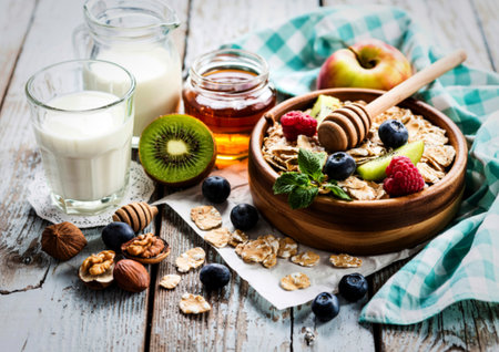flakes with honey, fruits, nuts and milk - healthy breakfastの写真素材