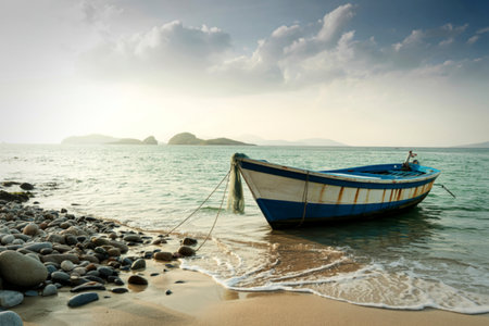 A rustic blue and white fishing boat rests gently on a pebble beach, its net still attached. The calm sea and distant islands create a serene coastal scene.の写真素材