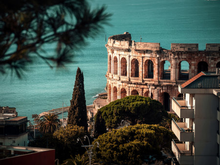 Ancient roman arena by the sea in pula croatiaの写真素材