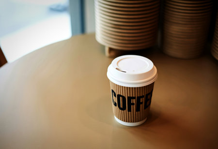 A single disposable coffee cup, featuring a white lid and a corrugated cardboard sleeve with the word "COFFEE" printed in bold black letters, rests on a smooth, light brown surface.の写真素材