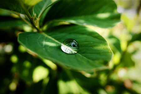 A glistening dewdrop rests perfectly on a vibrant green leaf, reflecting the surrounding foliage. The image showcases the beauty of nature's details.の写真素材
