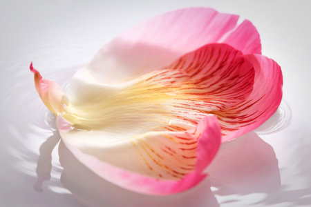 A close-up shot of a single, pink flower petal delicately floats on still water, its intricate veins and soft colors visible.の写真素材