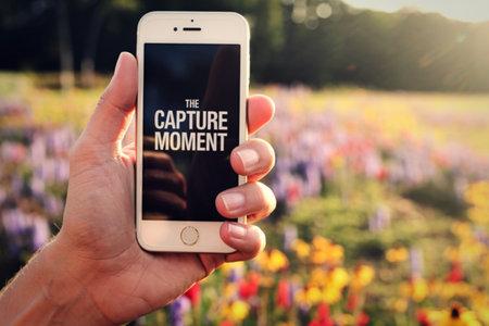 A hand holds a smartphone displaying the words "The Capture Moment" against a blurred backdrop of a vibrant, sunlit flower field.の写真素材