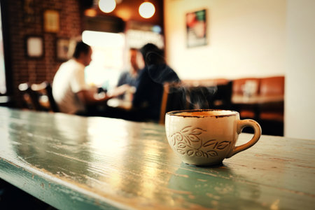 Steaming coffee cup on rustic table in cafeの写真素材