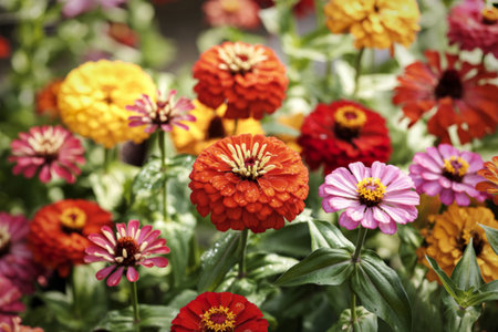 A close-up shot showcases a variety of colorful zinnias, displaying various shades of orange, pink, yellow, and red. Water droplets are visible on some petals, suggesting recent rain or morning dew.の写真素材