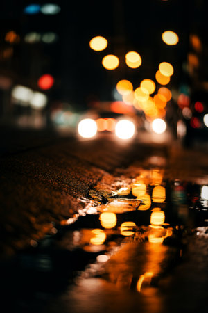 A blurry, close-up shot of a puddle reflecting the warm, blurred lights of city traffic at night....