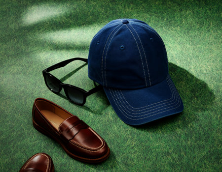 A flat lay arrangement of a blue baseball cap, black sunglasses, and brown leather penny loafers on a textured green background resembling grass.の写真素材
