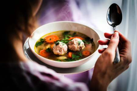 A close-up shot shows a person holding a bowl of hot meatball soup. The soup contains meatballs, sliced carrots, and fresh parsley, with steam rising from the broth.の写真素材