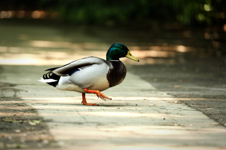 A male mallard duck with iridescent green head and brown chest is captured mid-stride on a paved path. Sunlight dapples the ground, highlighting its orange feet and colorful plumage.の写真素材