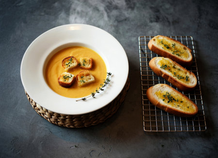 A comforting bowl of creamy yellow soup, garnished with croutons and fresh thyme, sits on a woven placemat next to slices of garlic bread on a cooling rack.の写真素材