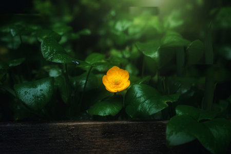 A single, vibrant yellow flower stands out against a backdrop of lush, dark green leaves. The leaves are glistening with water droplets, suggesting a recent rain or dew.の写真素材