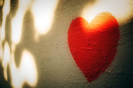Painted heart on textured wall with sunlight shadows