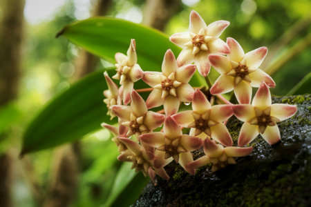 A close-up reveals a cluster of delicate Hoya flowers, their creamy petals tinged with pink, clinging to a mossy rock. Water droplets adorn the blossoms.の写真素材